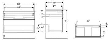 GEBERIT ICON skříňka pod umyvadlo 88,8x47,6x61,5 cm, 2 zásuvky, lesklá bílá 502.305.01.1 Technický nákres