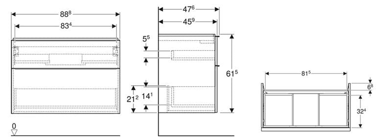 GEBERIT ICON skříňka pod umyvadlo 88,8x47,6x61,5 cm, 2 zásuvky, lesklá bílá 502.305.01.2 Technický nákres