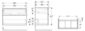 GEBERIT ICON skříňka pod umyvadlo 88,8x47,6x61,5 cm, 2 zásuvky, matná lávová 502.305.JK.1 Technický nákres