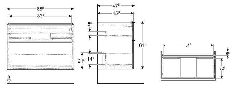 GEBERIT ICON skříňka pod umyvadlo 88,8x47,6x61,5 cm, 2 zásuvky, matná lávová 502.305.JK.1 Technický nákres