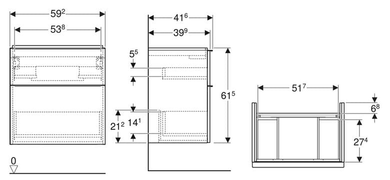 GEBERIT ICON skříňka pod umyvadlo 59,2x41,6x61,5 cm, závěsná, 2 zásuvky, lesklá bílá 502.307.01.1 Technický nákres