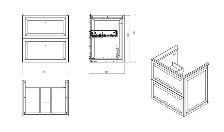 CONCEPT RETRO skříňka pod umyvadlo 59,6x45,9x60,3 cm, 2 zásuvky, matná béžová OR47-SD2S-60-10 Technický nákres