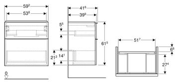 GEBERIT ICON skříňka pod umyvadlo 59,2x41,6x61,5 cm, závěsná, 2 zásuvky, matná bílá 502.307.01.3 Technický nákres