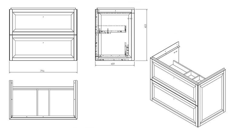 CONCEPT RETRO skříňka pod umyvadlo 79,6x45,9x60,3 cm, 2 zásuvky, matná béžová OR47-SD2S-80-10 Technický nákres