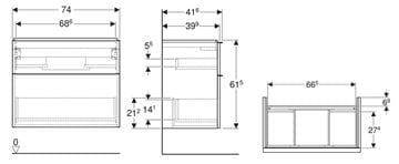 GEBERIT ICON skříňka pod umyvadlo 74x41,6x61,5 cm, 2 zásuvky, lesklá bílá 502.308.01.2 Technický nákres