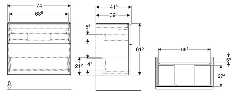 GEBERIT ICON skříňka pod umyvadlo 74x41,6x61,5 cm, 2 zásuvky, lesklá bílá 502.308.01.2 Technický nákres