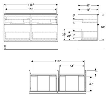 GEBERIT ICON skříňka pod dvojumyvadlo 118,4x47,6x61,5 cm, 4 zásuvky, matná bílá 502.309.01.3 Technický nákres