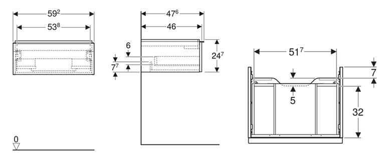 GEBERIT ICON skříňka pod umyvadlo 59,2x47,6x24,7 cm, 1 zásuvka, matná bílá 502.310.01.3 Technický nákres