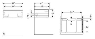 GEBERIT ICON skříňka pod umyvadlo 59,2x47,6x24,7 cm, 1 zásuvka, matná bílá 502.310.01.3 Technický nákres