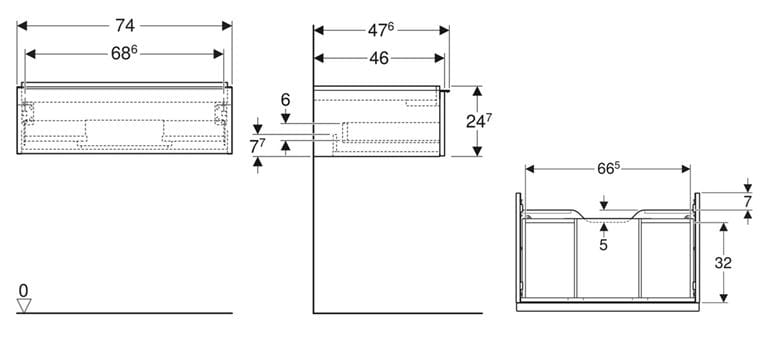 GEBERIT ICON skříňka pod umyvadlo 740x476x247mm, závěsná, 1 zásuvka, úchytka matná láva, ořech hickory 502.311.JR.1 Technický nákres