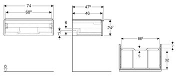 GEBERIT ICON skříňka pod umyvadlo 740x476x247mm, závěsná, 1 zásuvka, úchytka matná láva, ořech hickory 502.311.JR.1 Technický nákres