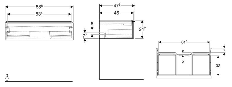 GEBERIT ICON skříňka pod umyvadlo 88,8x47,6x24,7 cm, 1 zásuvka, matná lávová 502.312.JK.1 Technický nákres
