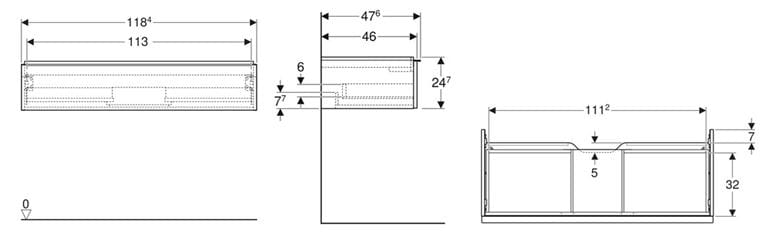 GEBERIT ICON skříňka pod umyvadlo 118,4x47,6x24,7 cm, 1 zásuvka, ořech hickory 502.313.JR.1 Technický nákres