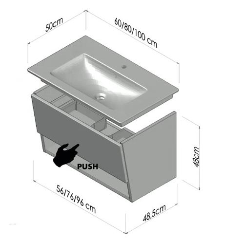 CONCEPT 400 skříňka pod umyvadlo 96x48,5x48 cm, 1 zásuvka, 1 police, Push-open, lesklá bílá C400.100.B Technický nákres