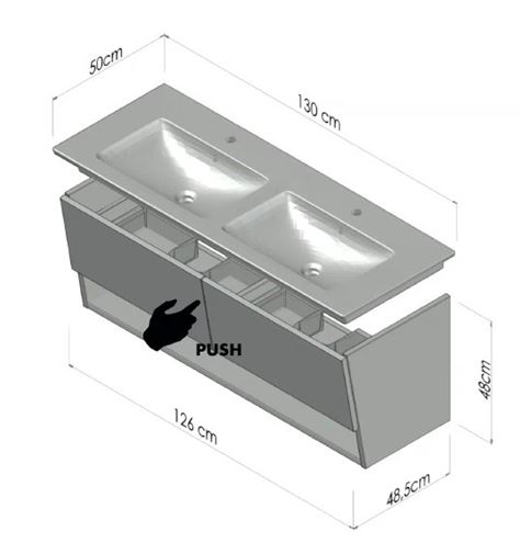CONCEPT 400 skříňka pod dvojumyvadlo 126x48,5x48 cm, 2 zásuvky, 1 police, Push-open, lesklá bílá C400.130.B Technický nákres