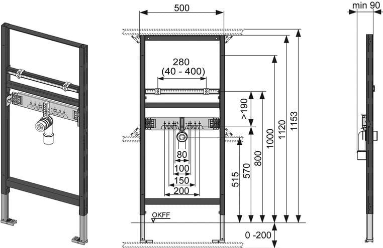 TECE PROFIL montážní rám pro umyvadlo 112 cm 9310000 Technický nákres
