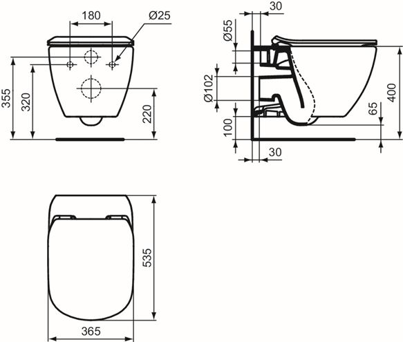 IDEAL STANDARD TESI závěsné WC, se SoftClose sedátkem, AquaBlade T354601 Technický nákres