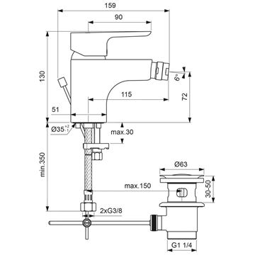 IDEAL STANDARD CERAPLAN III bidetová stojánková baterie, s odtokovou soupravou, chrom B0897AA Technický nákres