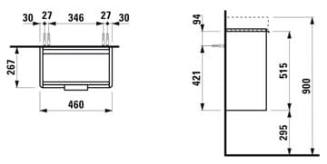 LAUFEN BASE skříňka pod umývátko 46x26,7x51,5 cm, 1 dvířka, panty vpravo, lesklá bílá H4021021102611 Technický nákres