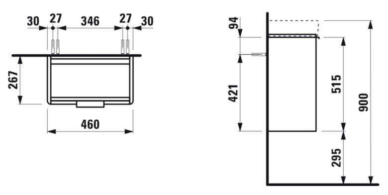LAUFEN BASE skříňka pod umývátko 46x26,7x51,5 cm, 1 dvířka, panty vpravo, lesklá bílá H4021021102611 Technický nákres