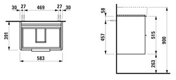 LAUFEN BASE skříňka pod umyvadlo 58,5x39x51,5 cm, 2 zásuvky, matná bílá H4022521102601 Technický nákres