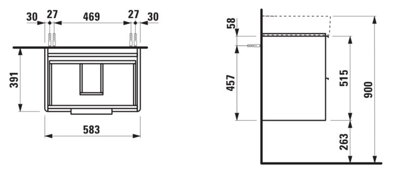 LAUFEN BASE skříňka pod umyvadlo 58,5x39x51,5 cm, 2 zásuvky, matná bílá H4022521102601 Technický nákres