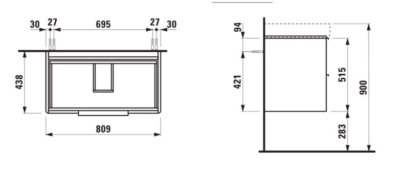 LAUFEN BASE skříňka pod umyvadlo 80,9x43,8x51,5 cm, 2 zásuvky, lesklá bílá H4023921102611 Technický nákres