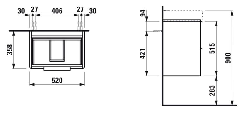 LAUFEN BASE skříňka pod umyvadlo 52x35,8x51,5 cm, 2 zásuvky, lesklá bílá H4021521102611 Technický nákres