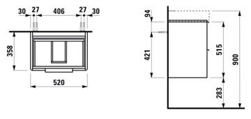 LAUFEN BASE skříňka pod umyvadlo 52x35,8x51,5 cm, 2 zásuvky, lesklá bílá H4021521102611 Technický nákres