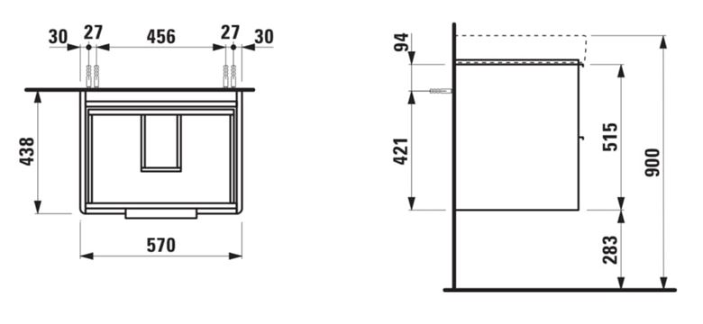 LAUFEN BASE skříňka pod umyvadlo 57x43,8x51,5 cm, 2 zásuvky, lesklá bílá H4022321102611 Technický nákres
