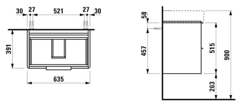 LAUFEN BASE skříňka pod umyvadlo 63,5x39,1x51,5 cm, 2 zásuvky, matná bílá H4023121102601 Technický nákres