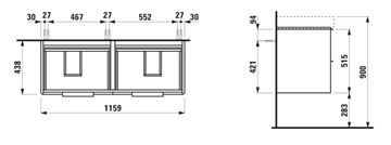 LAUFEN BASE skříňka pod dvojumyvadlo 115,9x43,8x51,5 cm, 4 zásuvky, lesklá bílá H4024941102611 Technický nákres