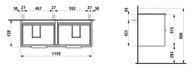 LAUFEN BASE skříňka pod dvojumyvadlo 115,9x43,8x51,5 cm, 4 zásuvky, lesklá bílá H4024941102611 Technický nákres