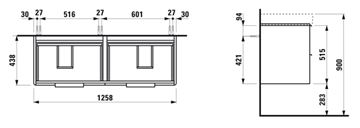 LAUFEN BASE skříňka pod dvojumyvadlo 125,8x43,8x51,5 cm, 4 zásuvky, lesklá bílá H4025141102611 Technický nákres