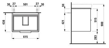 LAUFEN BASE skříňka pod umyvadlo 61,5x43,8x51,5 cm, 2 zásuvky, lesklá bílá H4022921102611 Technický nákres