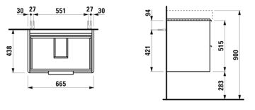 LAUFEN BASE skříňka pod umyvadlo 66,5x43,8x53,1 cm, 2 zásuvky, lesklá bílá H4023321102611 Technický nákres