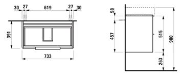 LAUFEN BASE skříňka pod umyvadlo 73,3x39,1x51,5 cm, 2 zásuvky, lesklá bílá H4023521102611 Technický nákres