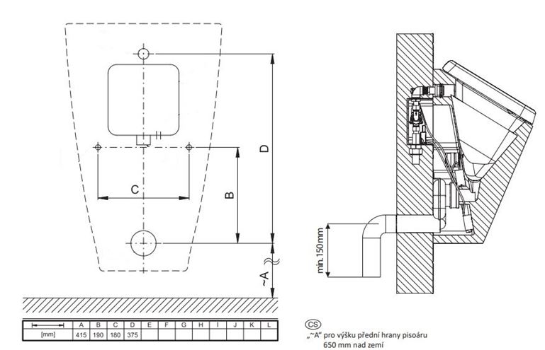 SANELA pisoár Vila s radarovým splachovačem, napájení ze sítě, zadní přívod vody, Bluetooth ovládání SLP 37R Technický nákres