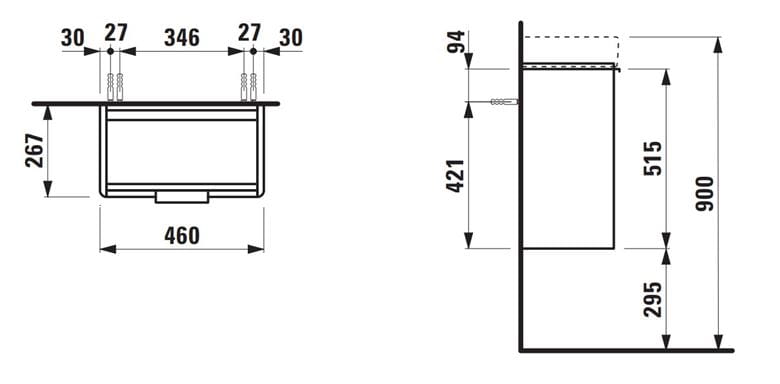 LAUFEN BASE skříňka pod umývátko 46x26,7x51,5 cm, 1 dvířka, panty vlevo, lesklá bílá H4021011102611 Technický nákres