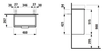 LAUFEN BASE skříňka pod umývátko 46x26,7x51,5 cm, 1 dvířka, panty vlevo, lesklá bílá H4021011102611 Technický nákres
