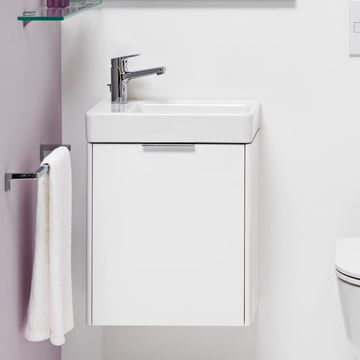 LAUFEN BASE skříňka pod umývátko 46x26,7x51,5 cm, 1 dvířka, panty vlevo, lesklá bílá H4021011102611 Obrázek - fotka