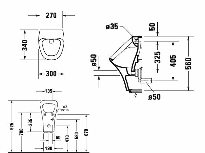 DURAVIT DURASTYLE pisoár s elektronickým splachovačem, napájení ze sítě, zadní přívod vody 2804310093 Technický nákres