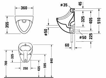 DURAVIT BILL pisoár, zadní přívod vody 0851350000 Technický nákres
