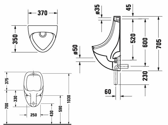 DURAVIT BEN pisoár, zadní přívod vody 0847370000 Technický nákres