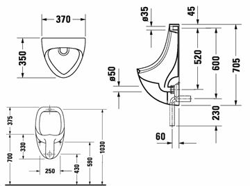 DURAVIT BEN pisoár, zadní přívod vody 0847370000 Technický nákres