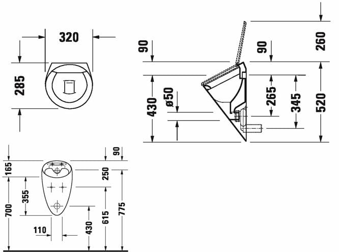 DURAVIT STARCK 1 pisoár, zadní přívod vody 0835320000 Technický nákres