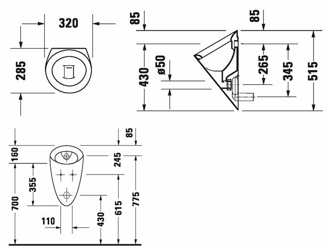 DURAVIT STARCK 1 pisoár, zadní přívod vody 0834320000 Technický nákres