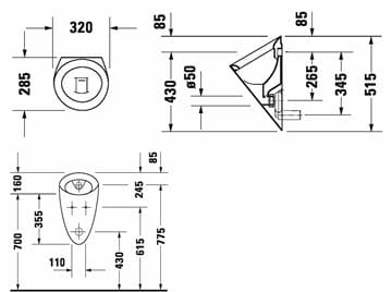 DURAVIT STARCK 1 pisoár, zadní přívod vody 0834320000 Technický nákres