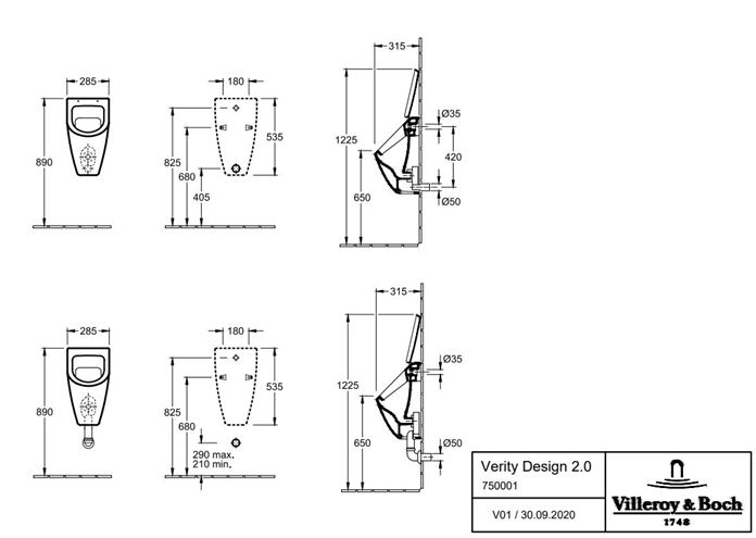VILLEROY & BOCH VERITY DESIGN 2.0 pisoár, zadní přívod vody, alpská bílá 75000101 Technický nákres