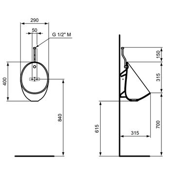 IDEAL STANDARD EUROVIT pisoár, horní přívod vody E253401 Technický nákres